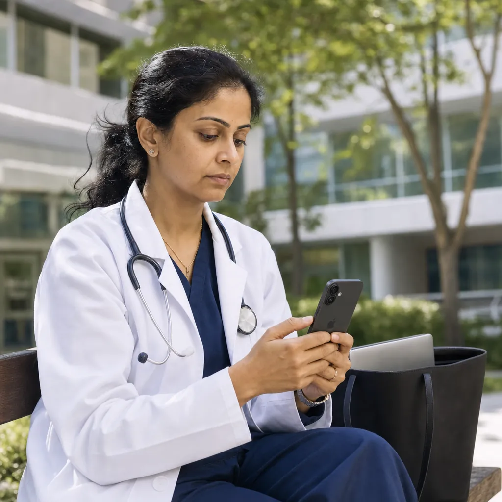 Clinician in a white coat sitting outdoors, reading her phone with a laptop in the bag beside her