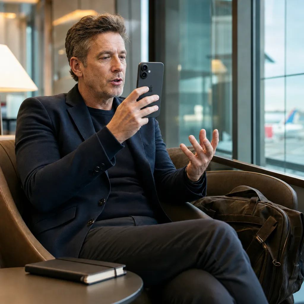 Traveller in an airport lounge armchair, speaking into his phone by the window