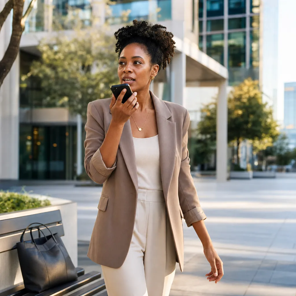 Woman walking through a city plaza, speaking into the phone in her hand