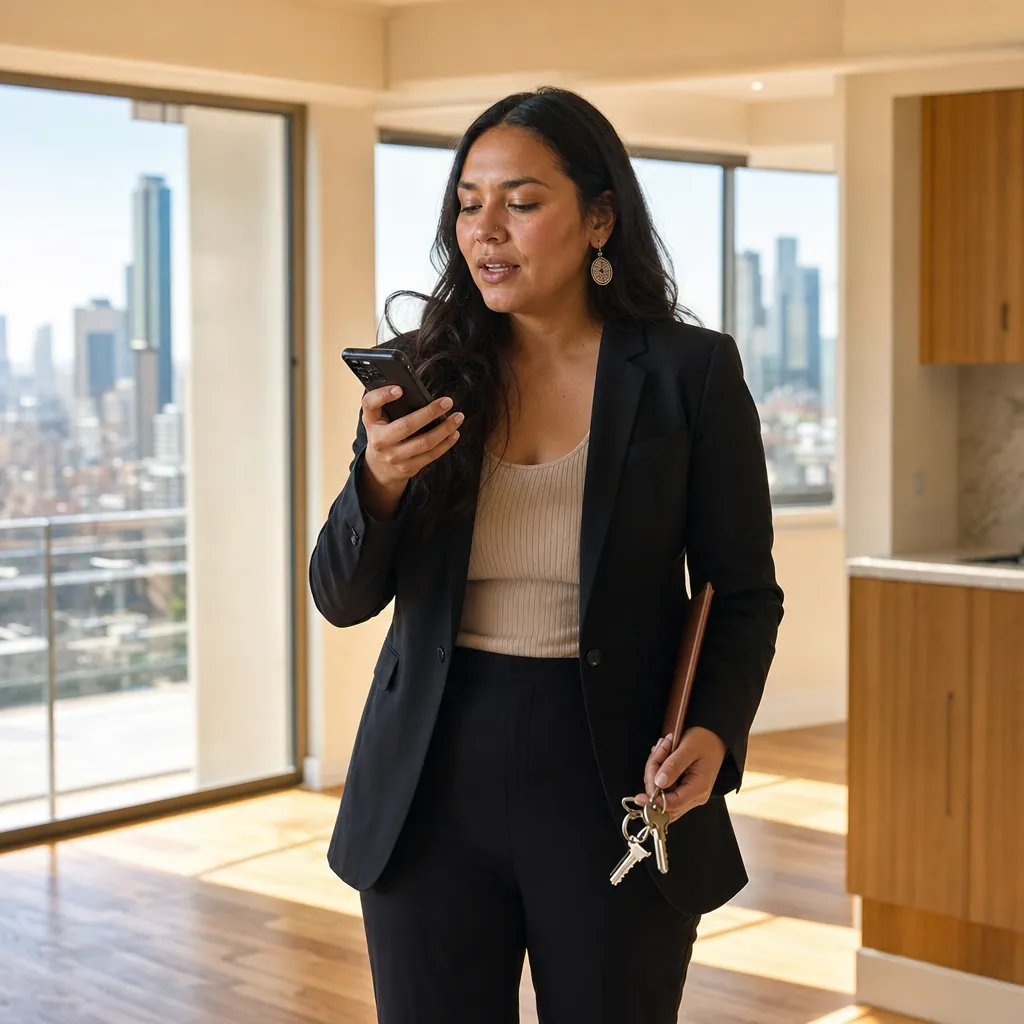 Woman standing in an empty sunlit apartment holding keys, speaking into her phone