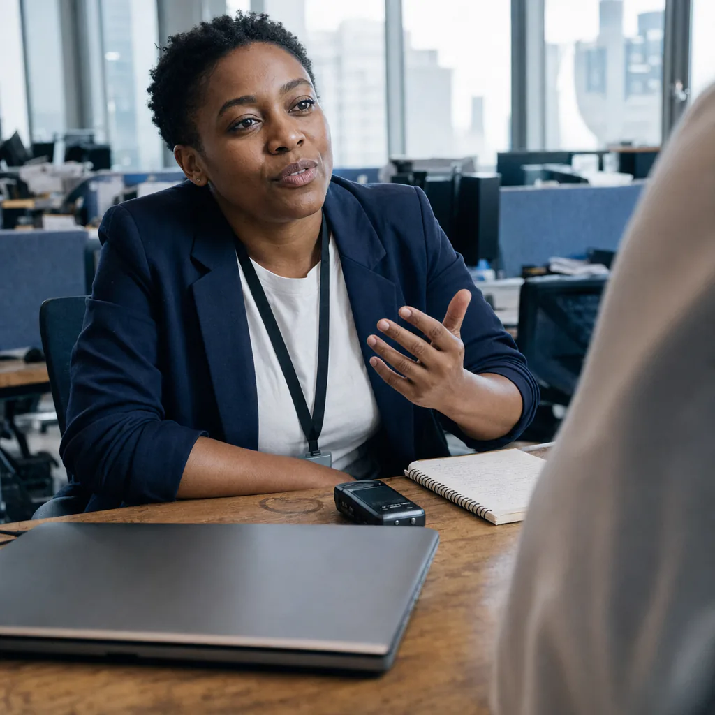 Two people talking at a desk with a field recorder and notebook