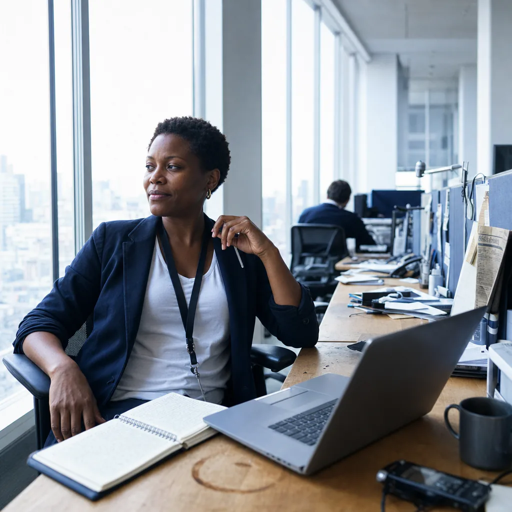 Person at a desk with a laptop, notebook, and audio recorder