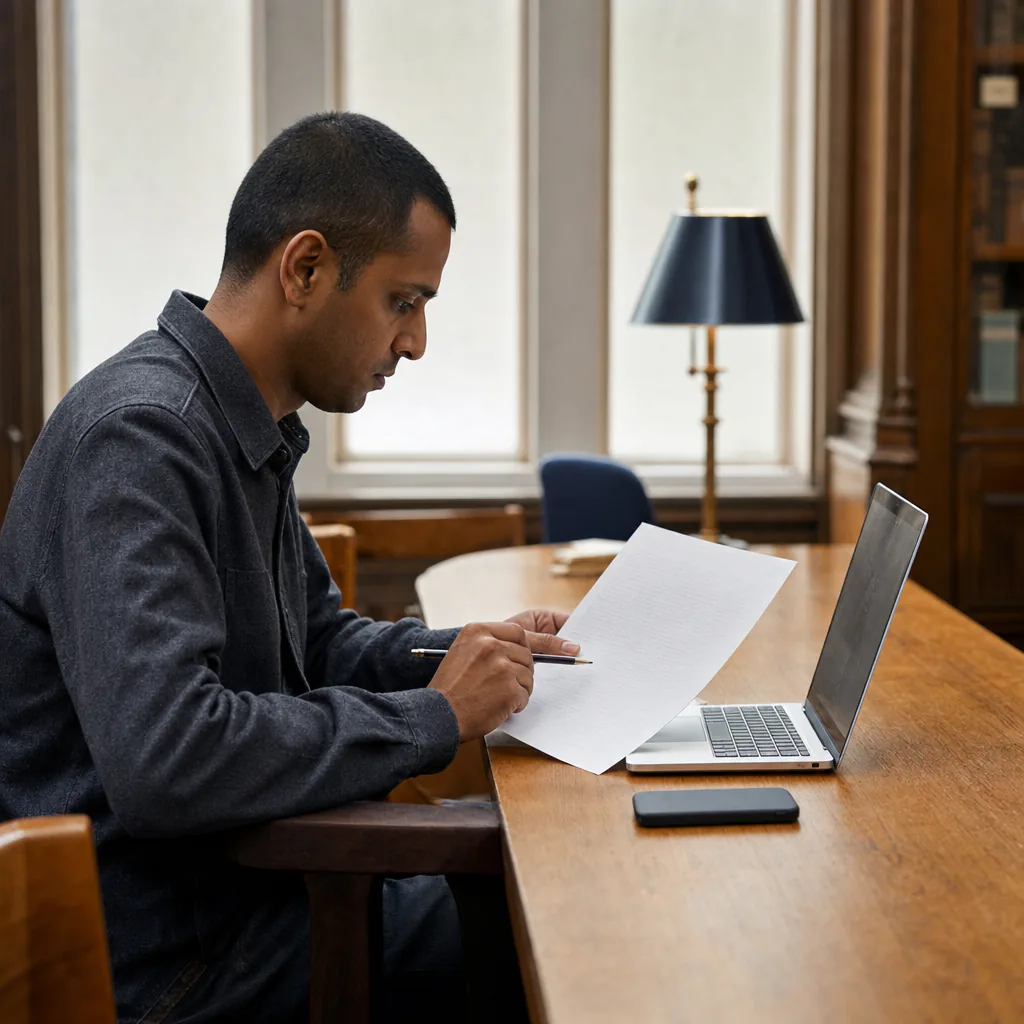 Person reviewing printed pages beside a laptop and phone