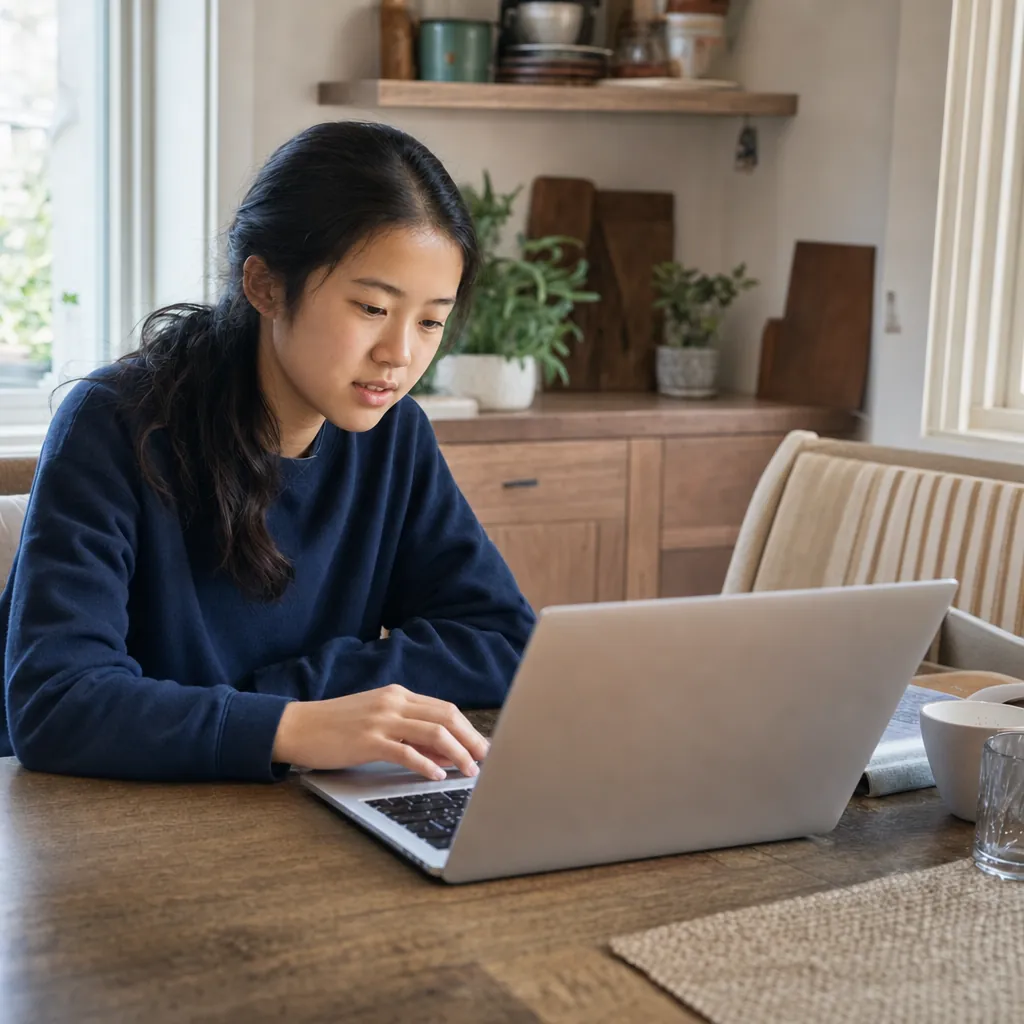 A teenager working at a laptop at a wooden dining table in a bright kitchen
