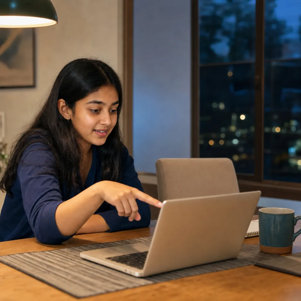 A teenager pointing at a laptop screen at a dining table in the evening, with city lights outside the window