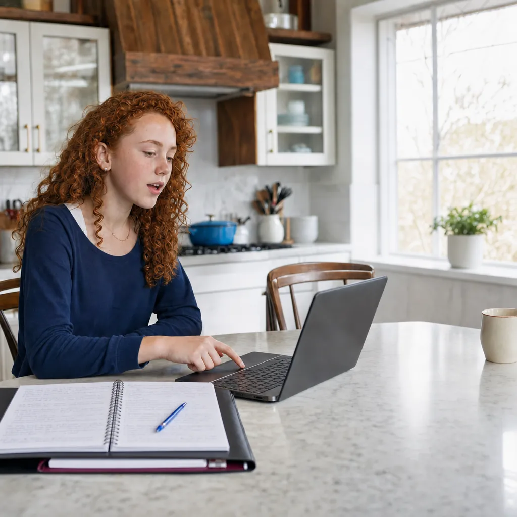 A teenager speaking at a laptop beside an open notebook on a kitchen counter