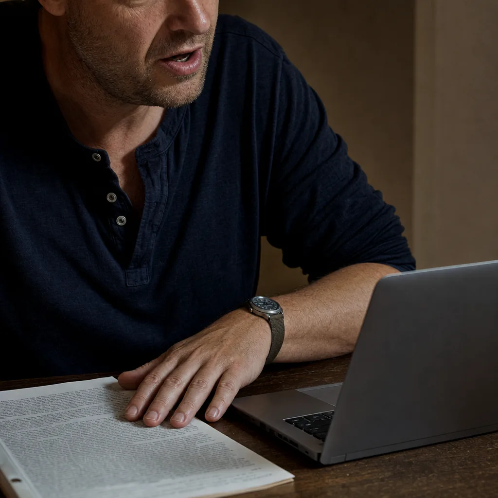 Man speaking while reviewing a printed document beside a laptop