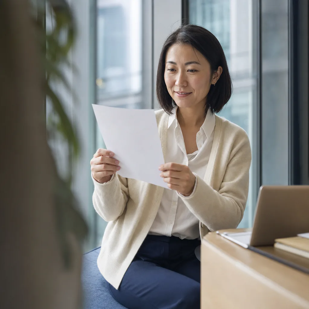 Woman reading a printed document beside her laptop