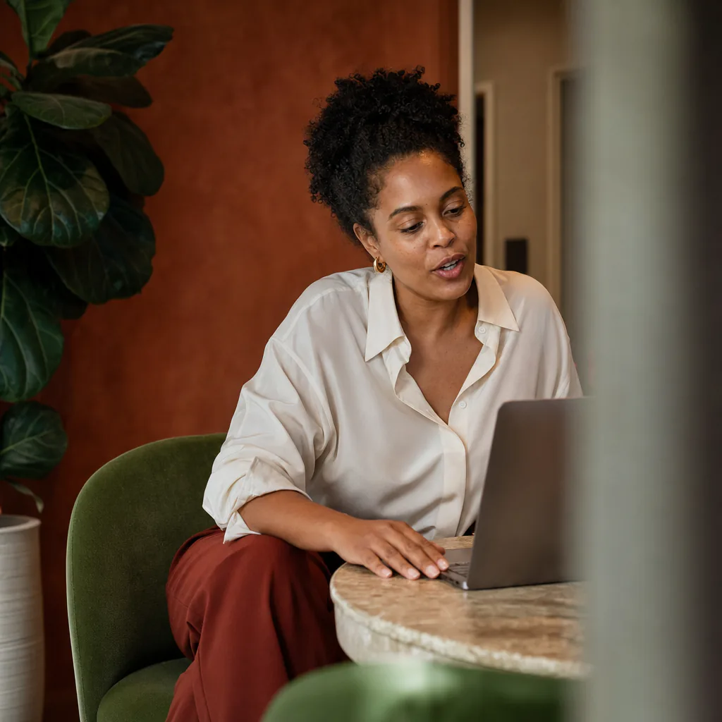 Woman speaking while working on a laptop