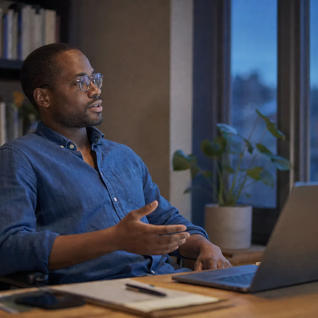 Man speaking beside a laptop in a book-lined office