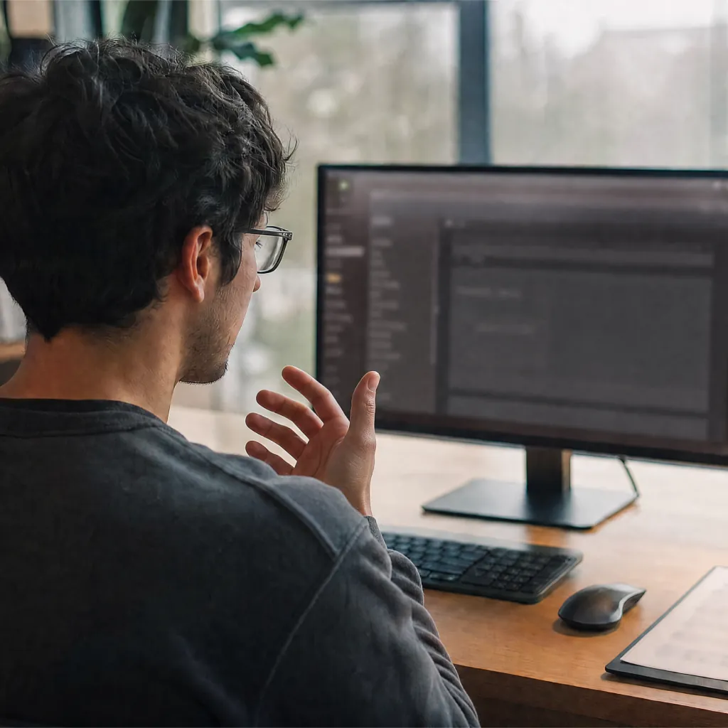 Man with glasses gesturing toward a desktop monitor at a wooden desk