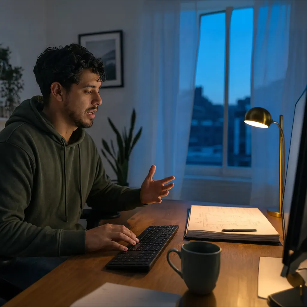 Man speaking and gesturing at a desktop computer beside a window at dusk