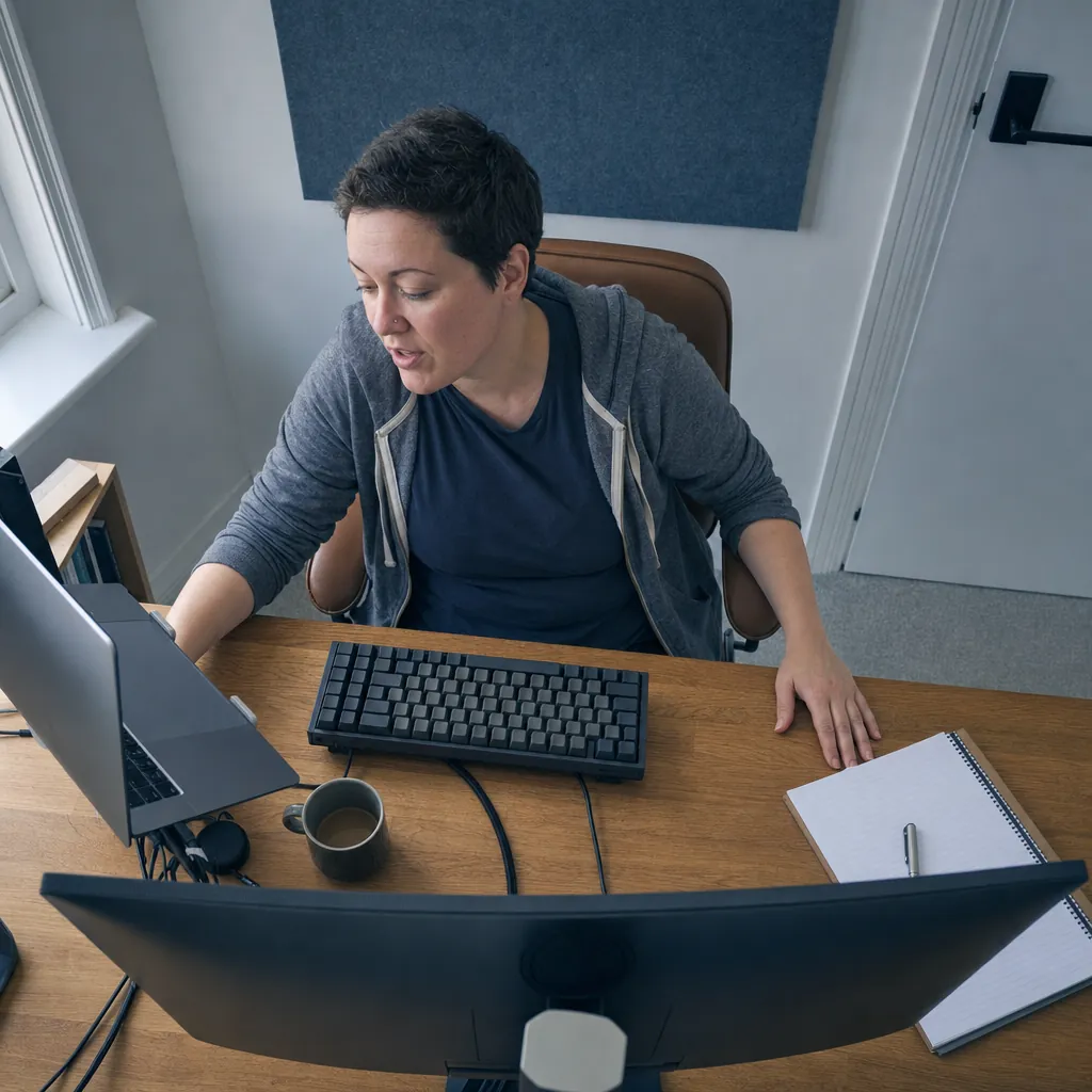 Person speaking toward a laptop beside an external monitor at a home desk