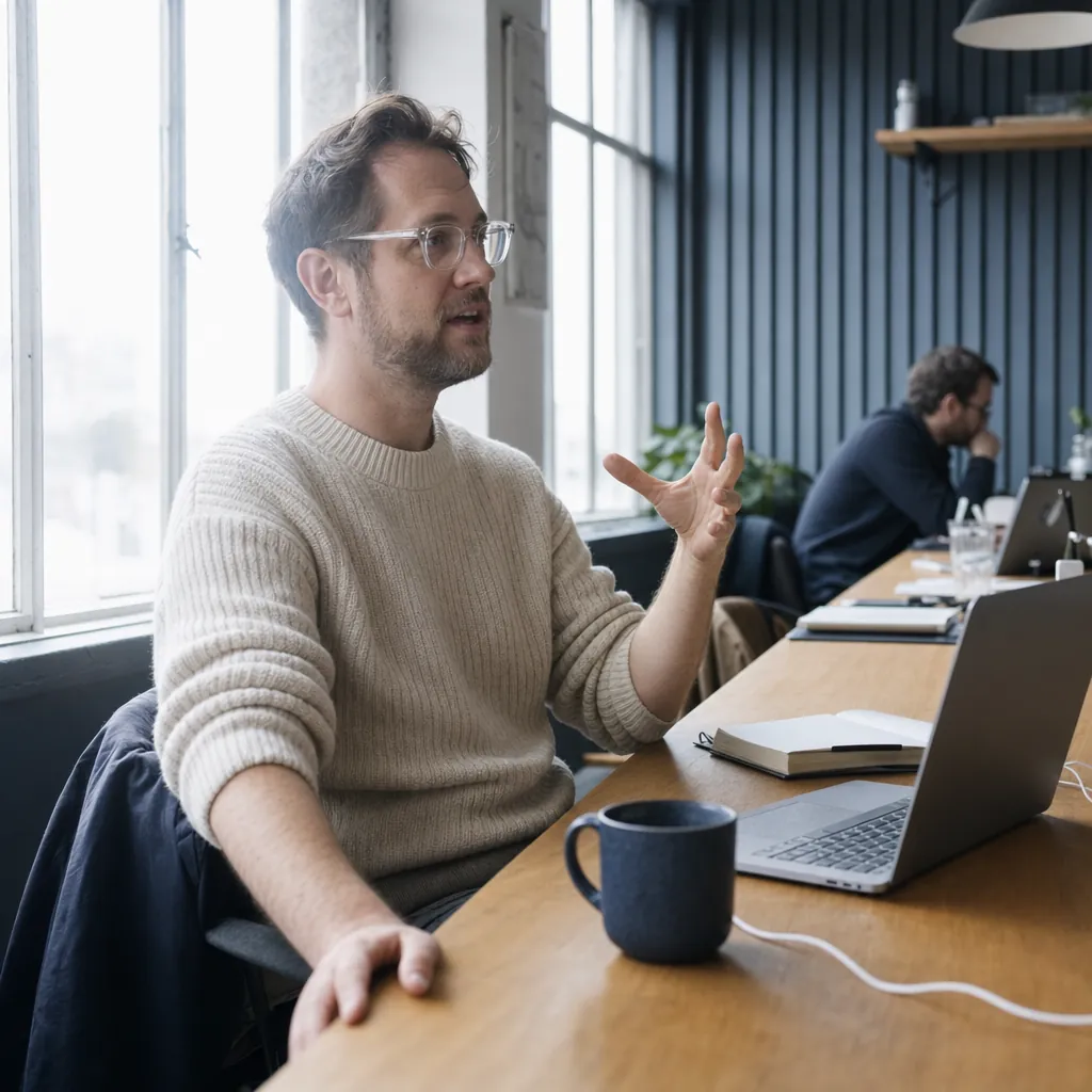 Person speaking beside an open laptop at a shared café table