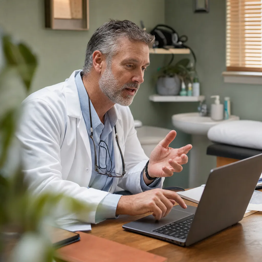 Doctor speaking while working on a laptop in an examination room