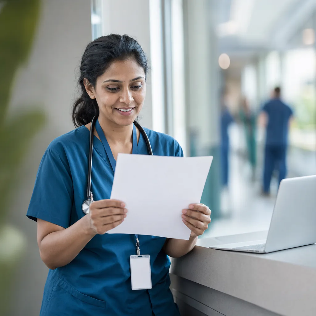 Clinician reviewing a printed document at a hospital workstation