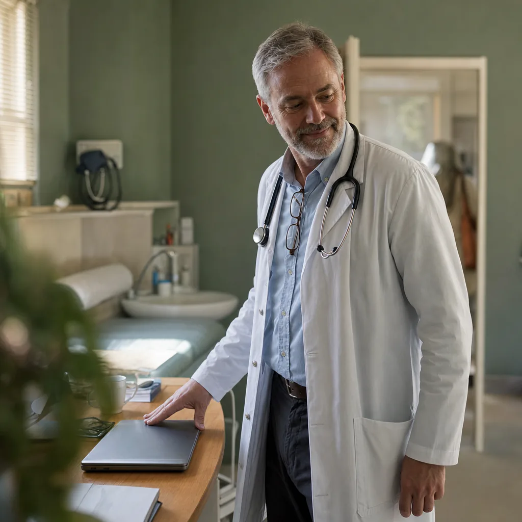 Doctor reaching for a closed laptop in an examination room