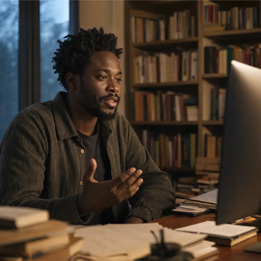 Man speaking beside a laptop at a desk surrounded by books and papers.