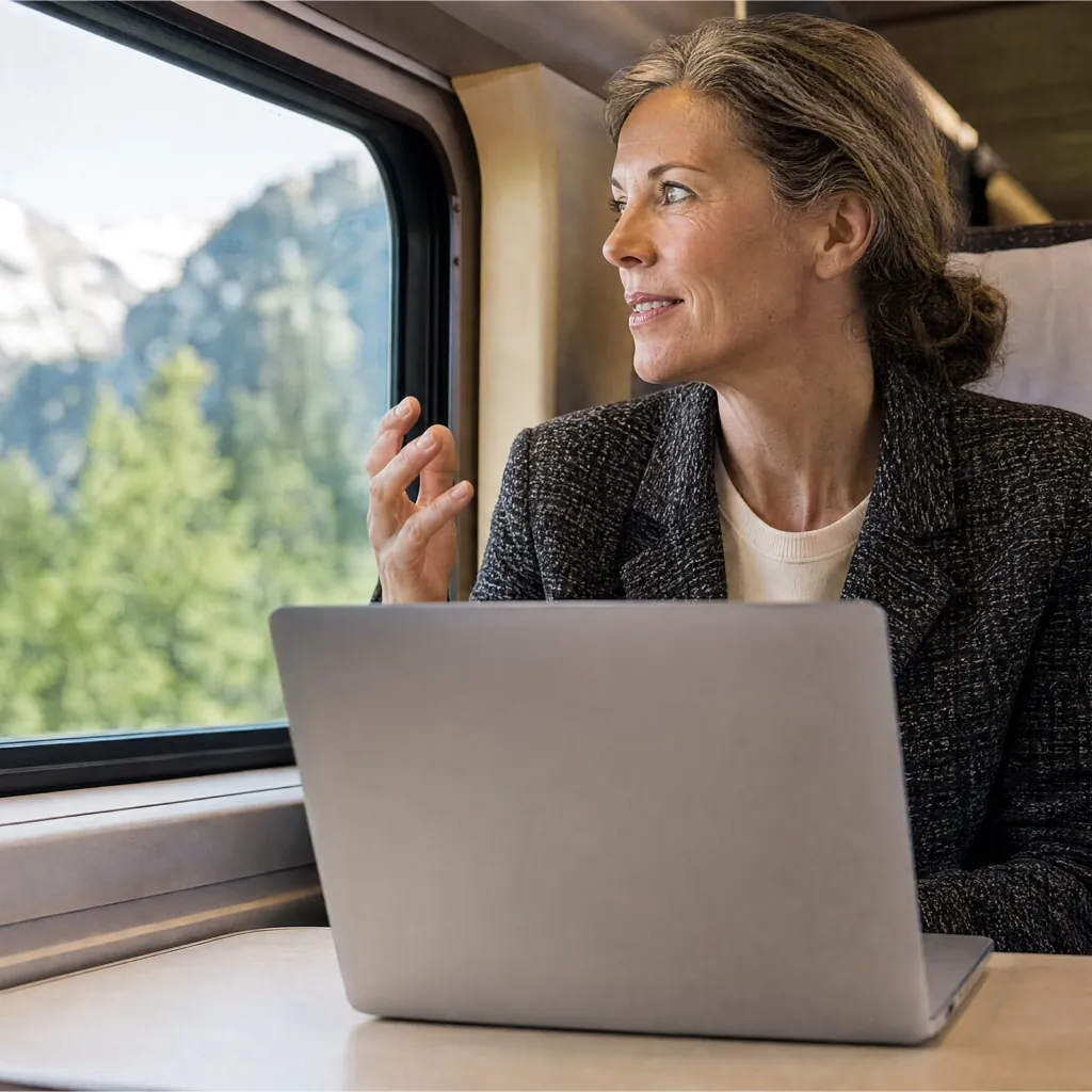 Woman gesturing beside a laptop at a train window.