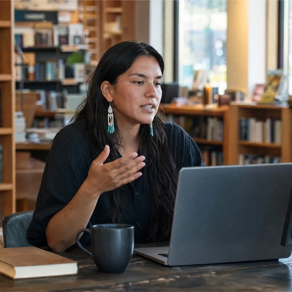 Woman speaking beside a laptop and mug at a library table.