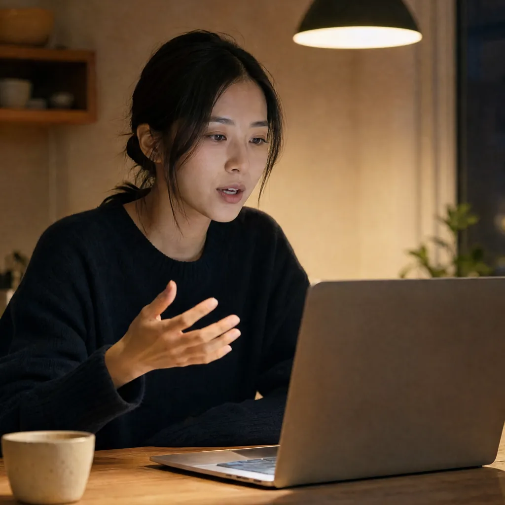 Woman speaking and gesturing toward a laptop at a wooden table under a pendant lamp.