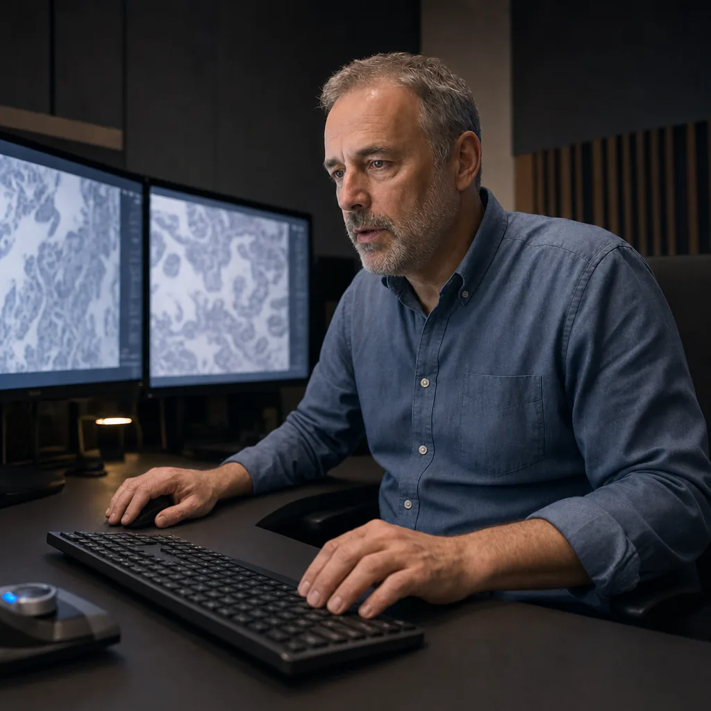 Person typing beside magnified tissue images on two monitors