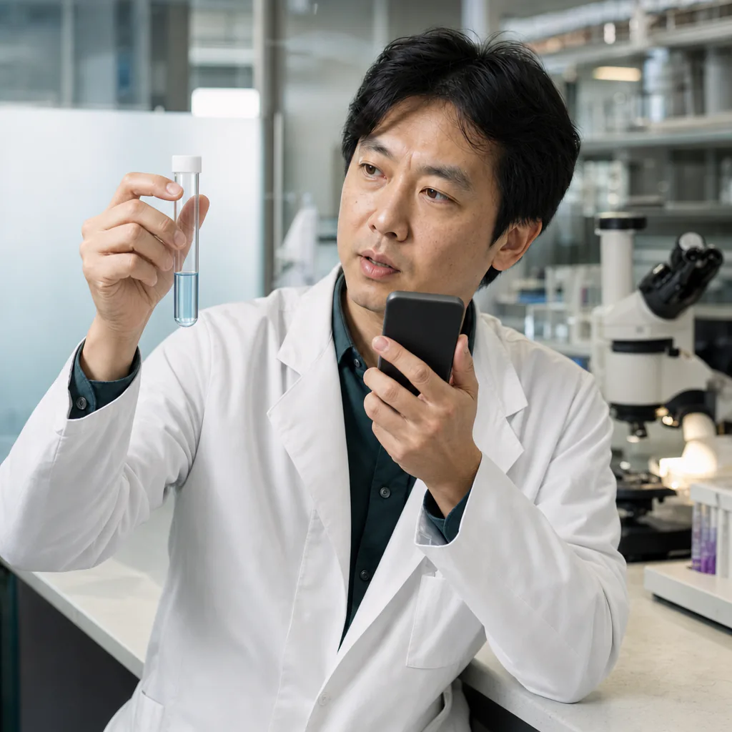 Laboratory professional holding a specimen tube and smartphone beside a microscope