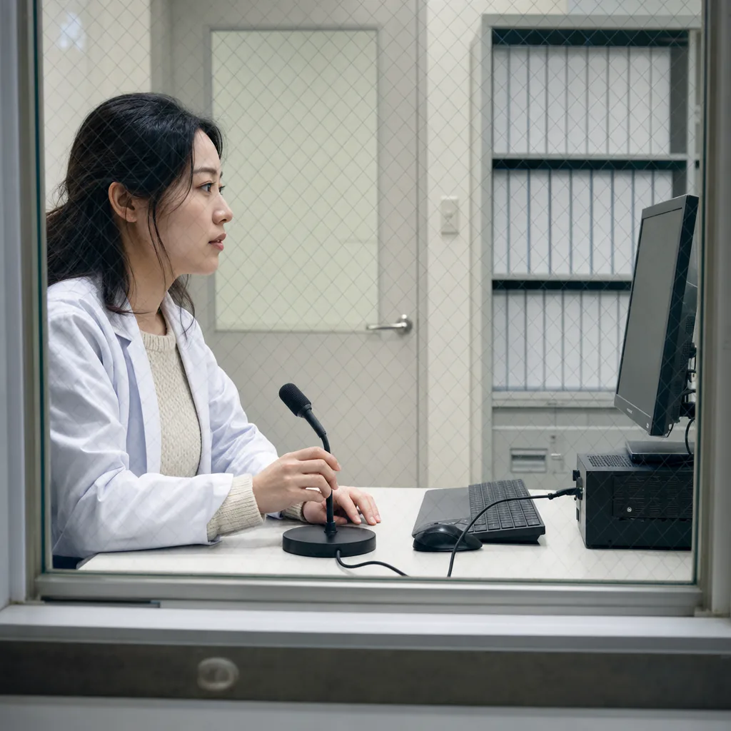 Laboratory professional using a desktop microphone at a workstation