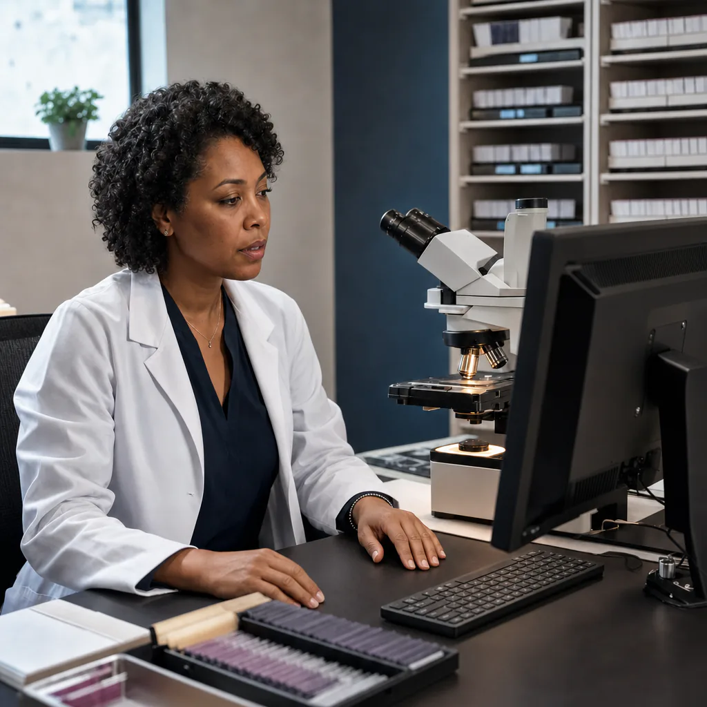 Laboratory professional reviewing a computer beside a microscope and slide tray