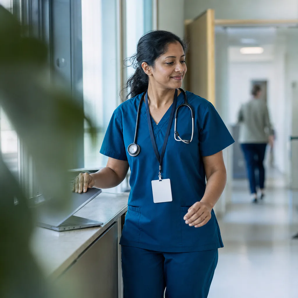 Healthcare worker in blue scrubs opening a laptop in a hospital corridor