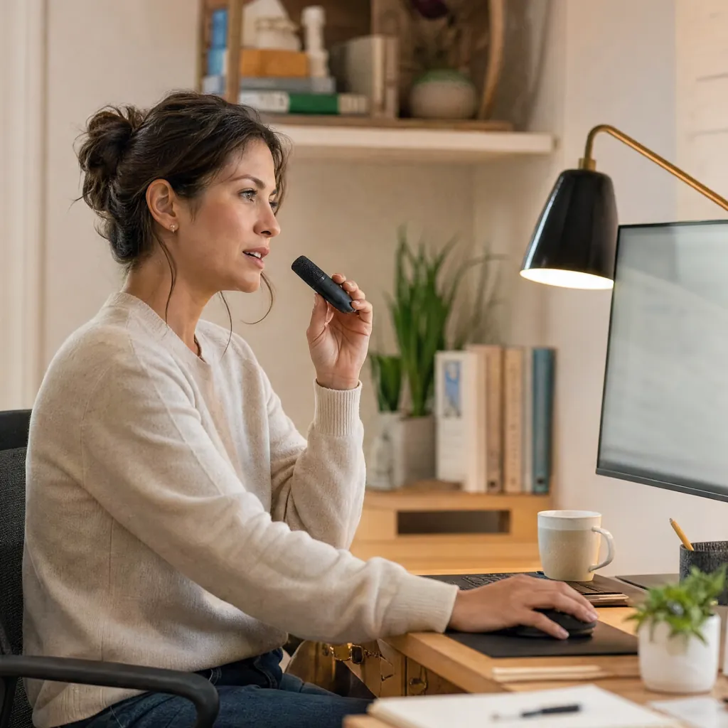 Woman holding a small microphone beside a desktop monitor at a home office desk