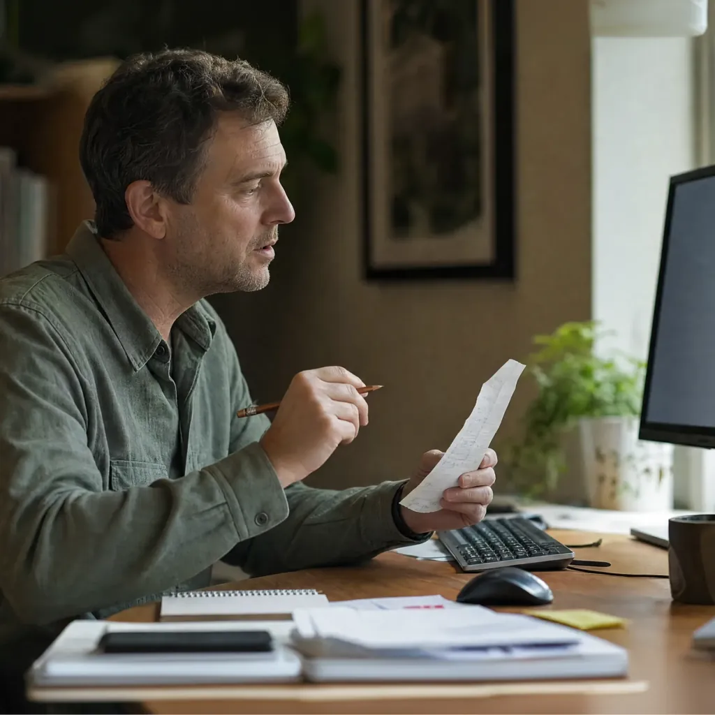 Man holding handwritten notes and a pencil while looking at a desktop monitor