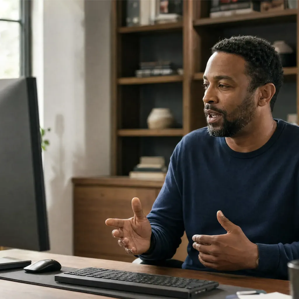 Man speaking and gesturing toward a desktop monitor at a wooden desk