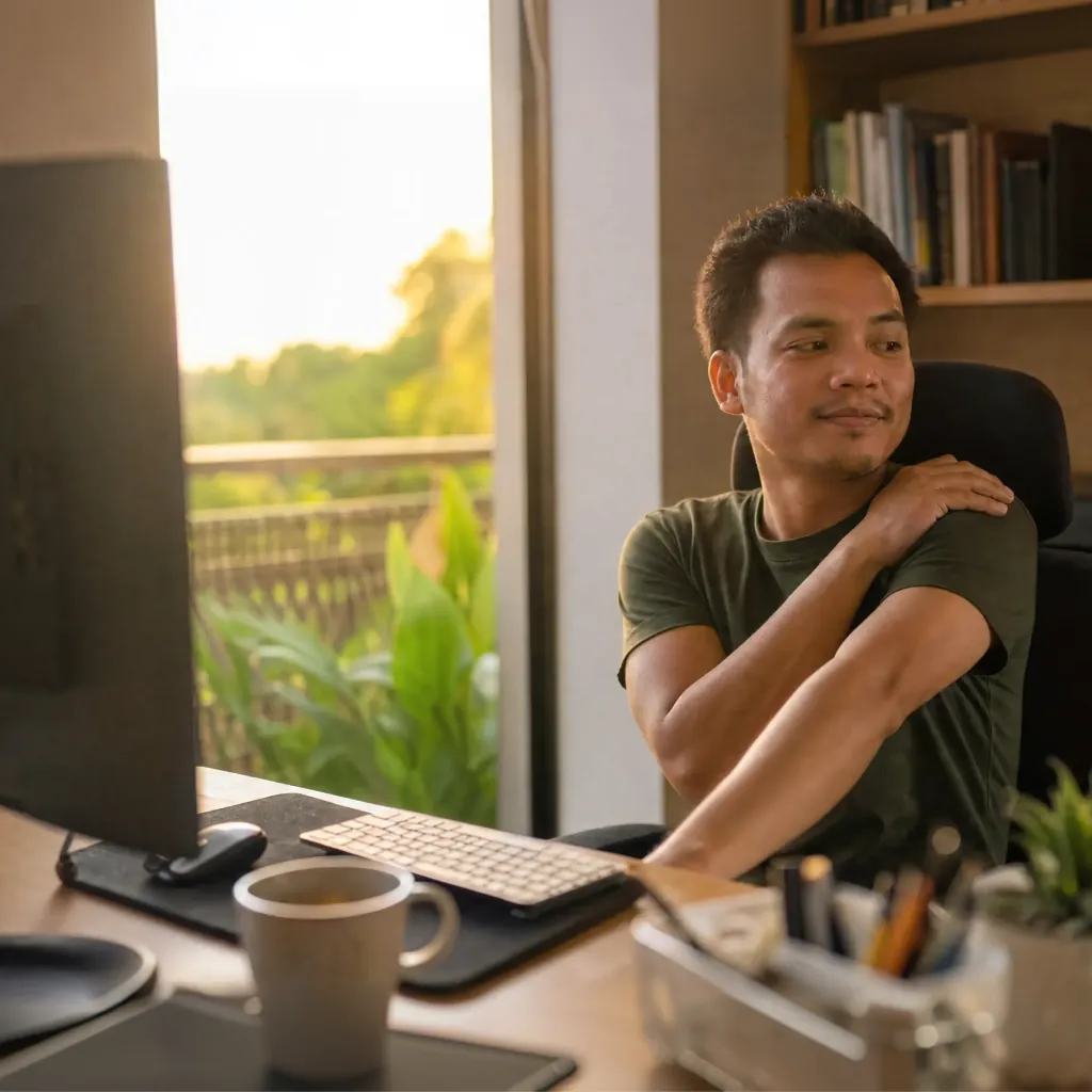 Man stretching his shoulder while seated at a desk beside a desktop monitor