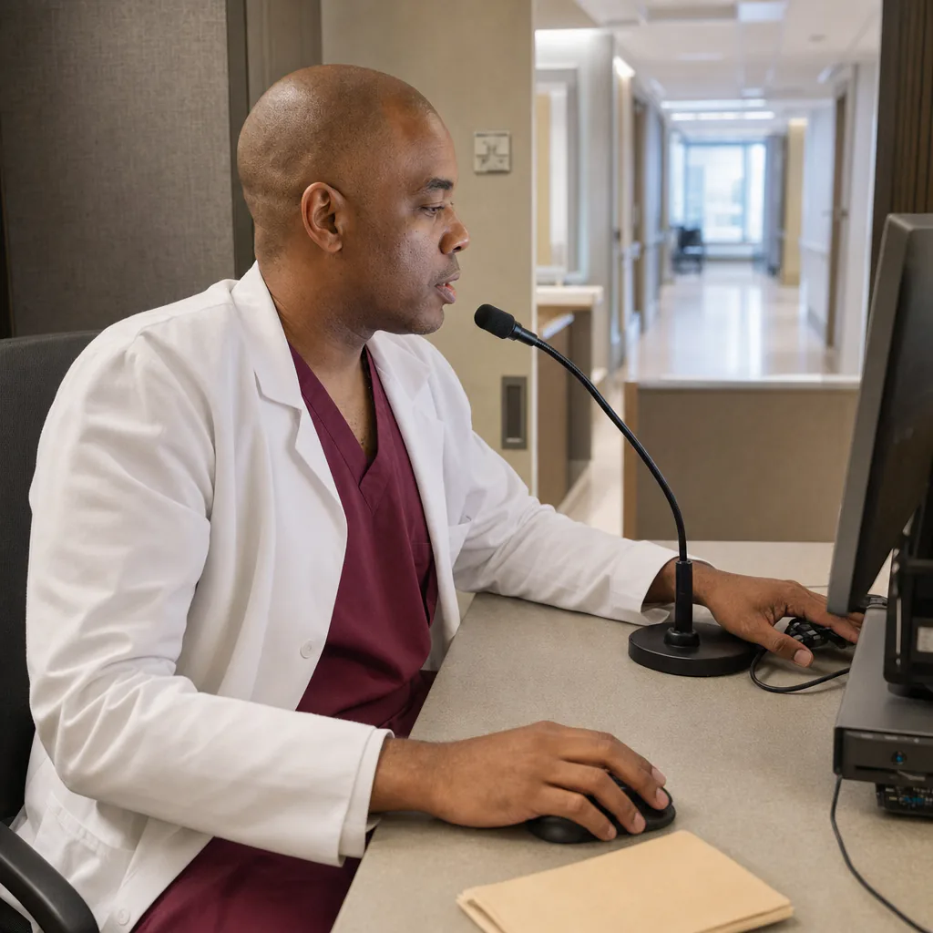 Physician dictating into a desktop microphone at a workstation