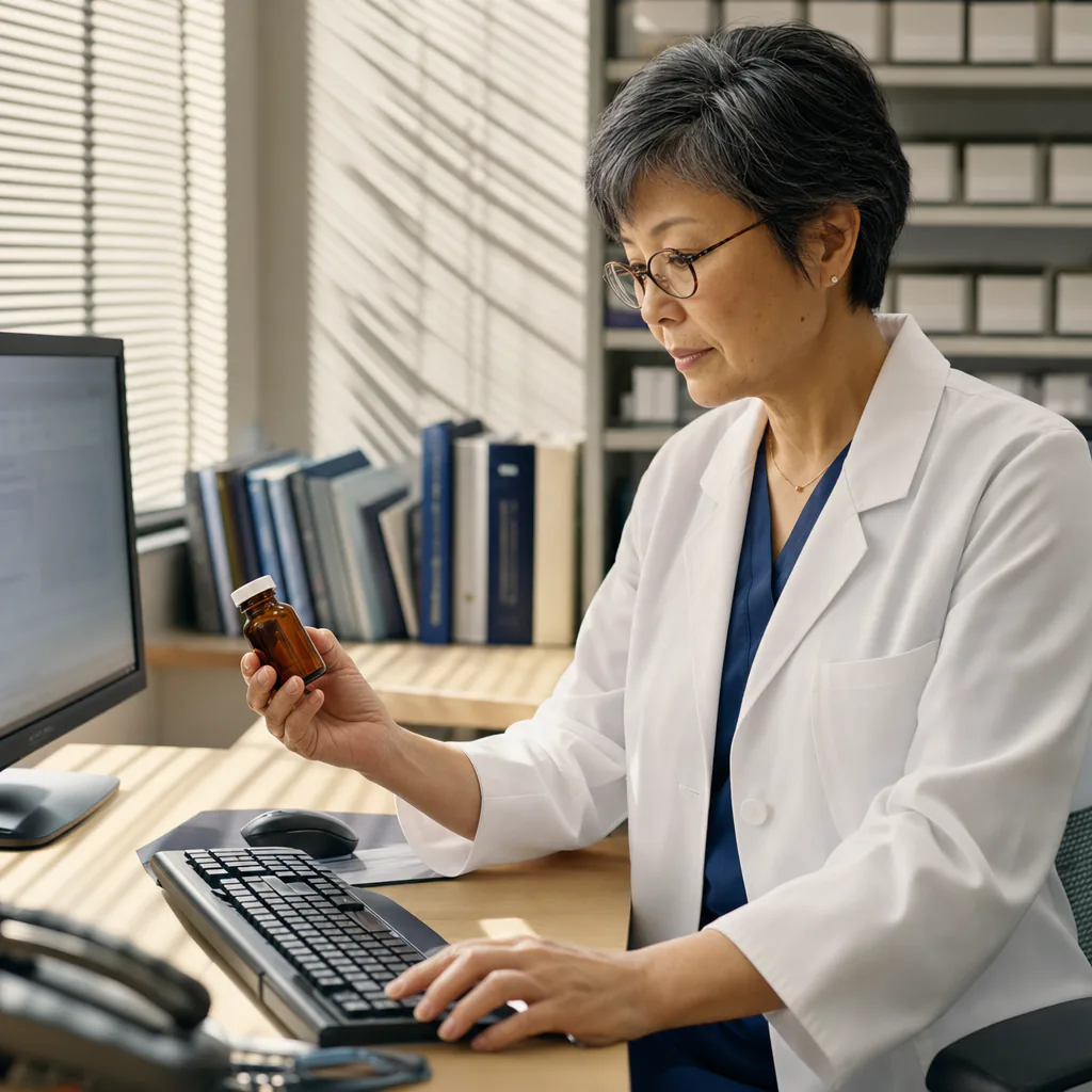 Physician holding a medication bottle beside a computer