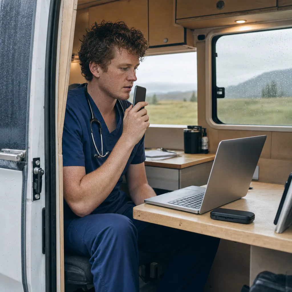 Clinician dictating beside a laptop inside a van