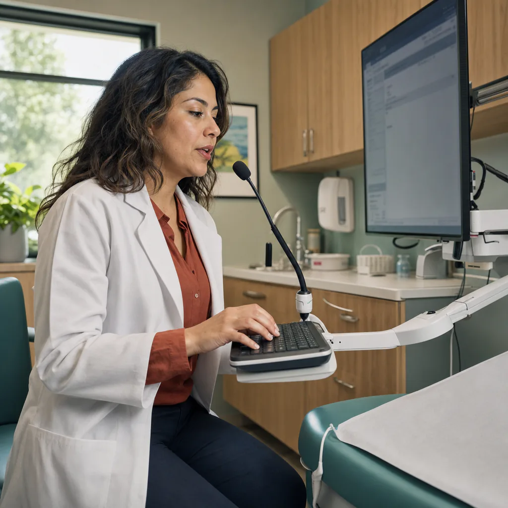Physician dictating at a computer in an exam room