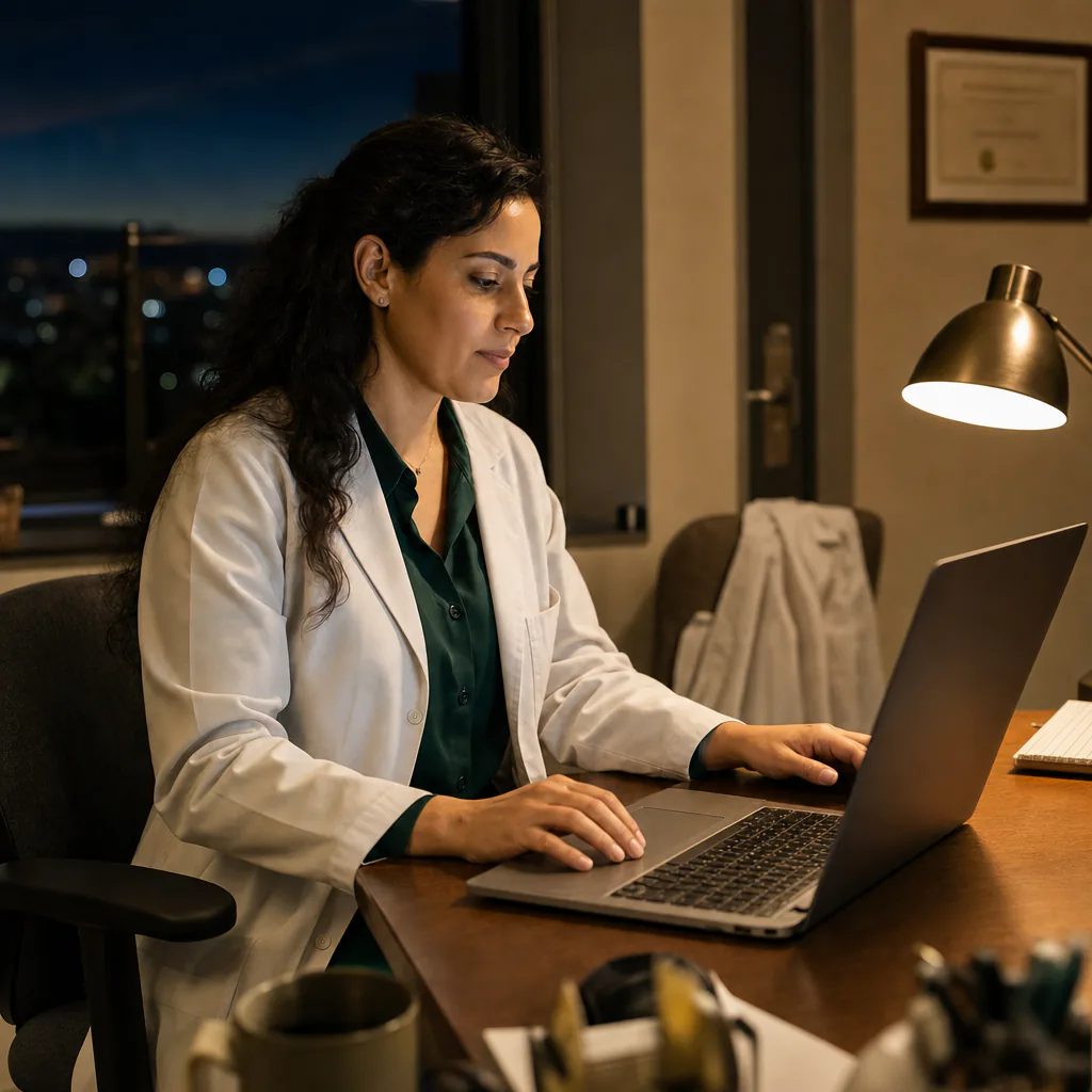 Physician working on a laptop at night