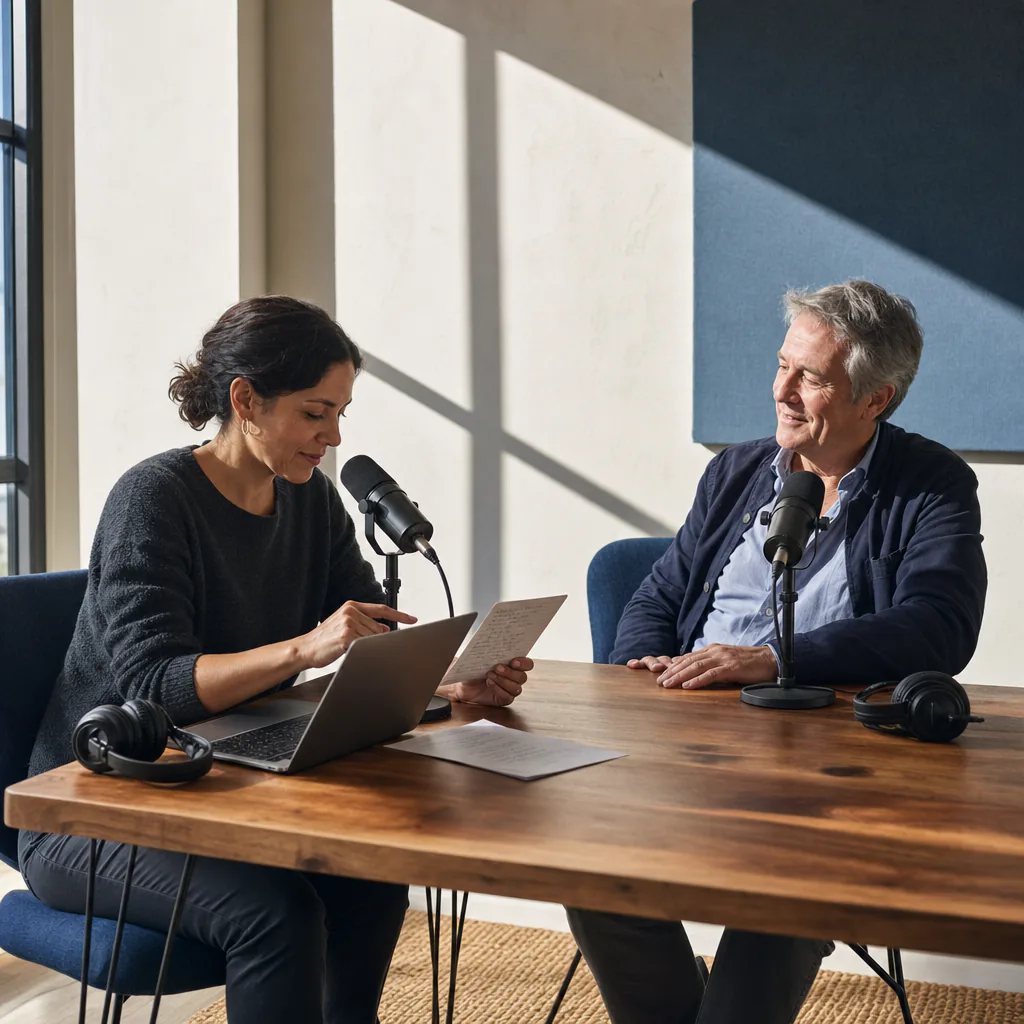 Two people recording with microphones while one reviews notes beside a laptop