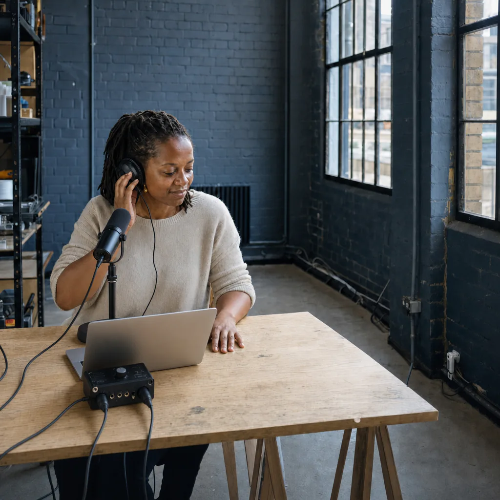 Person monitoring audio at a microphone with a laptop and recording interface