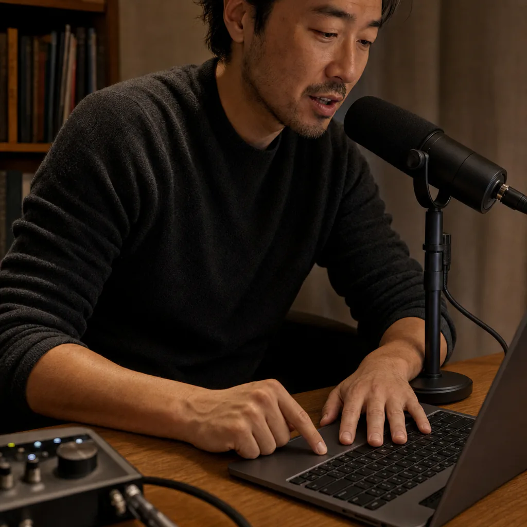 Person speaking into a desktop microphone while working on a laptop