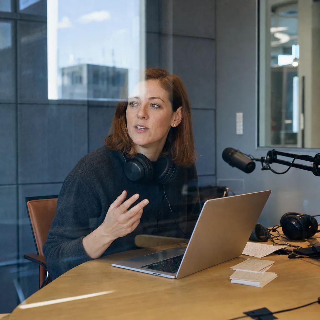 Person speaking into a studio microphone beside a laptop and handwritten notes
