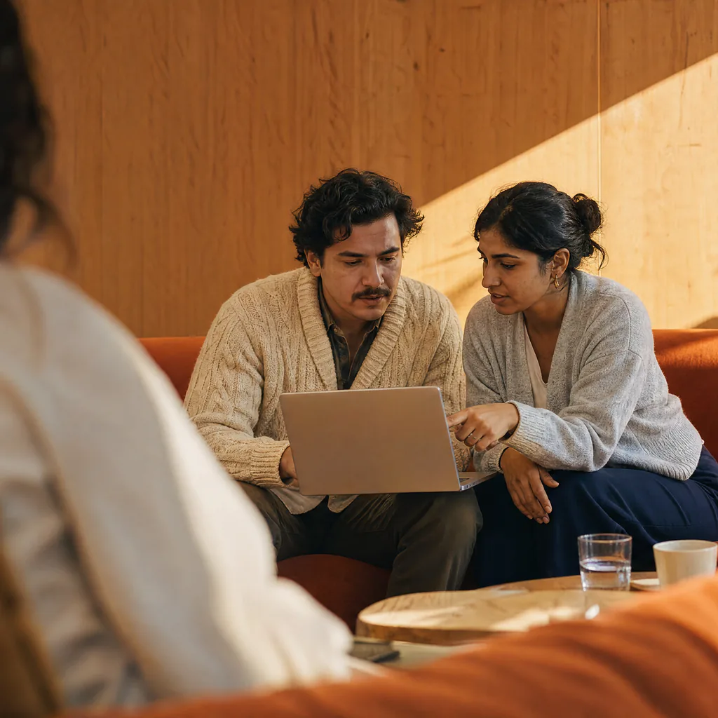 Two colleagues review a laptop together during a group discussion