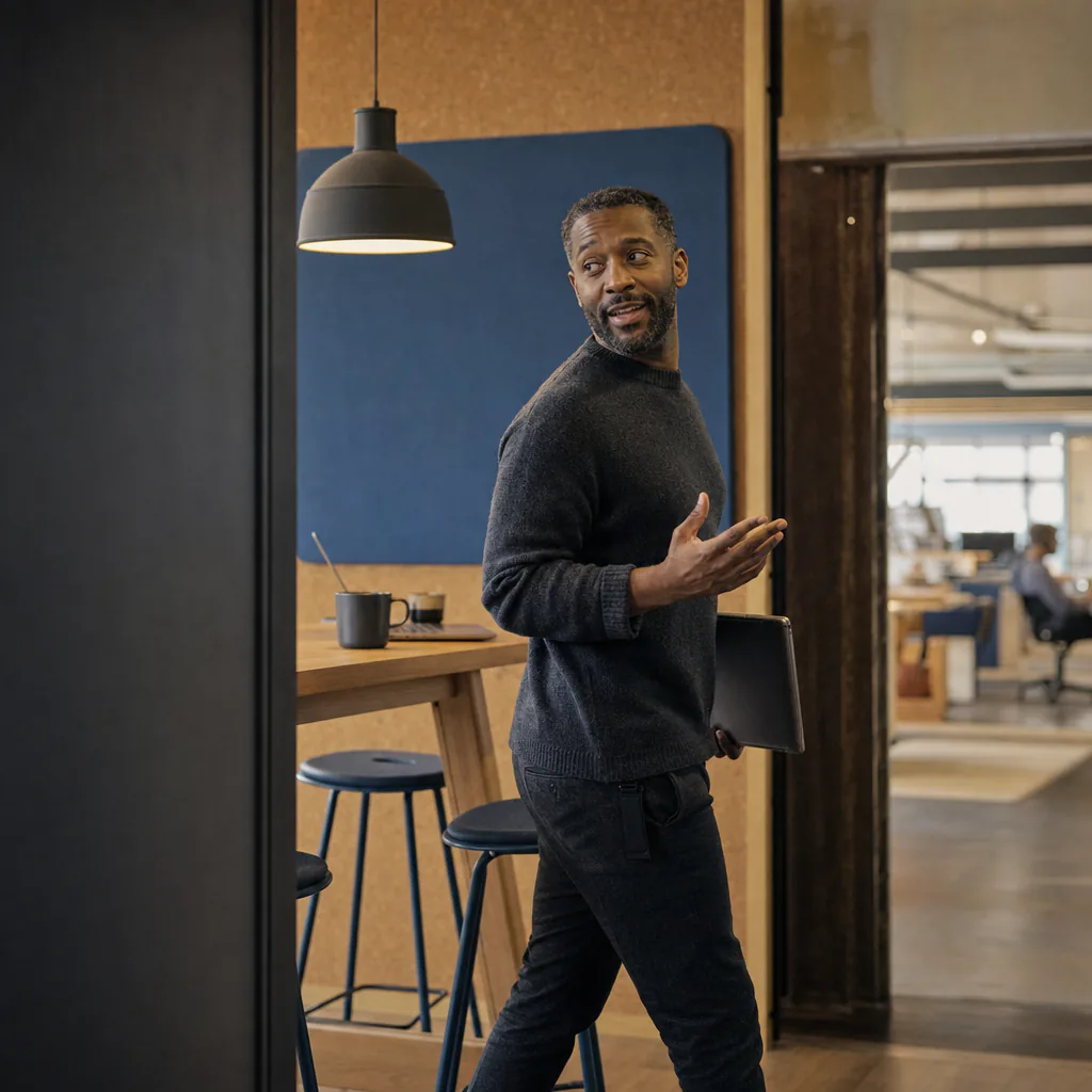 A person holding a tablet speaks in an open office