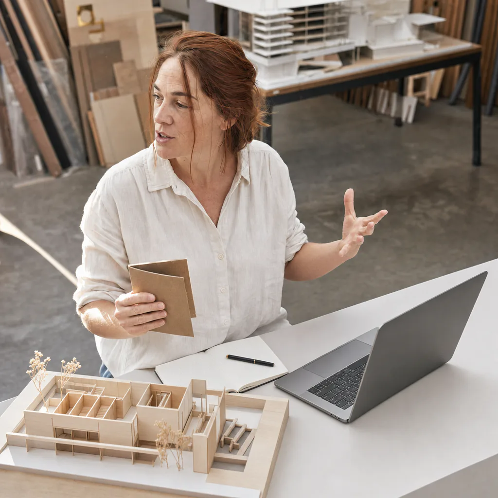 Woman speaking beside a laptop and architectural model