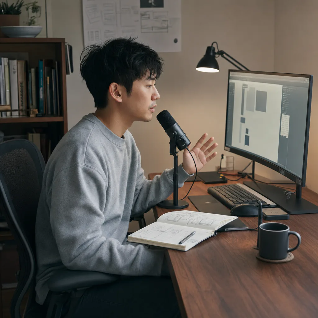 Man speaking into a desk microphone beside a monitor and open notebook