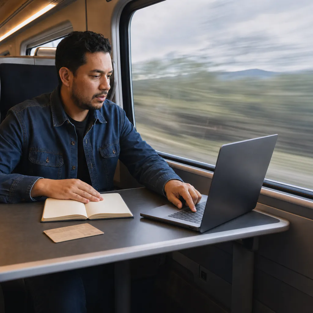 Man working on a laptop and notebook aboard a train