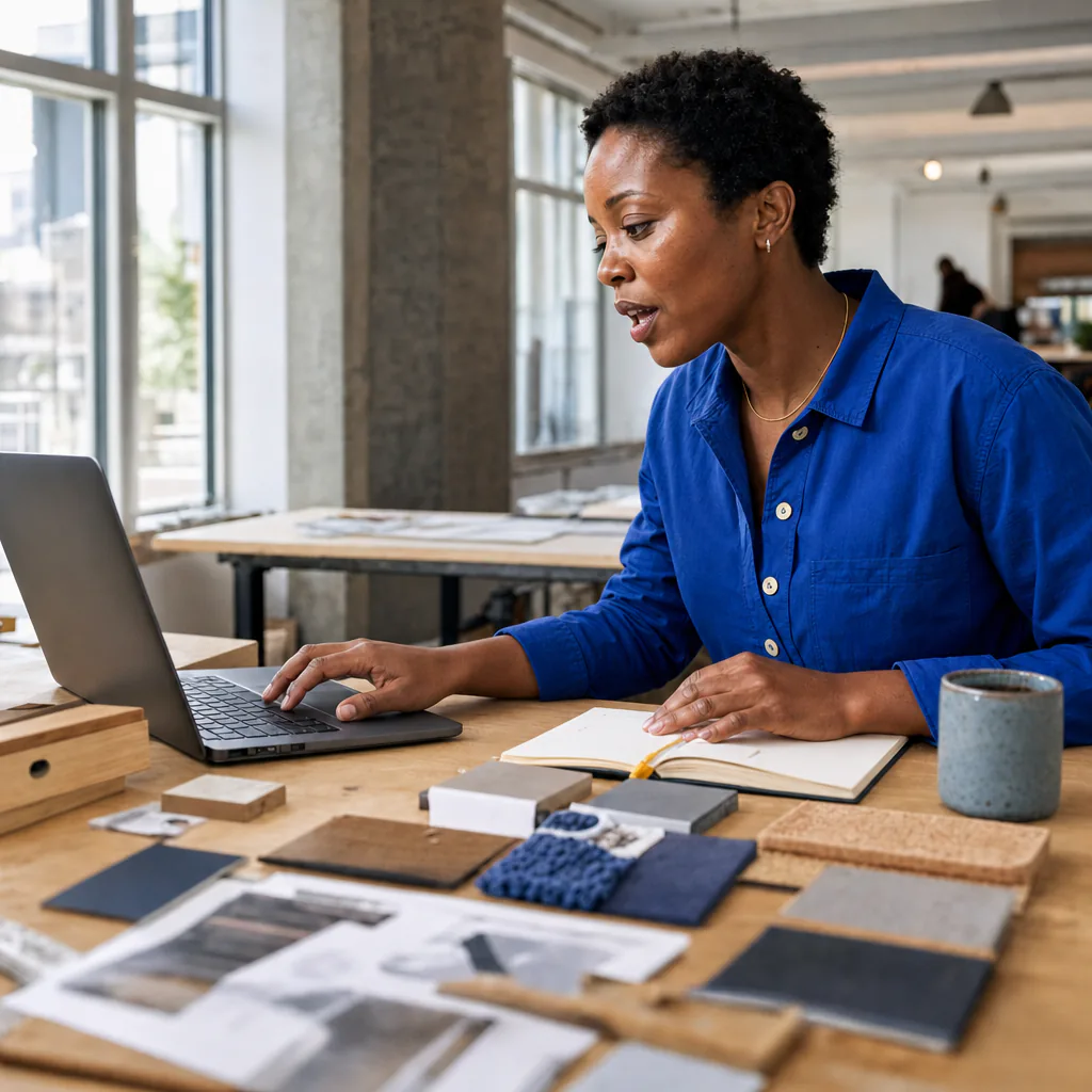 Woman speaking while working at a laptop beside a notebook and material samples