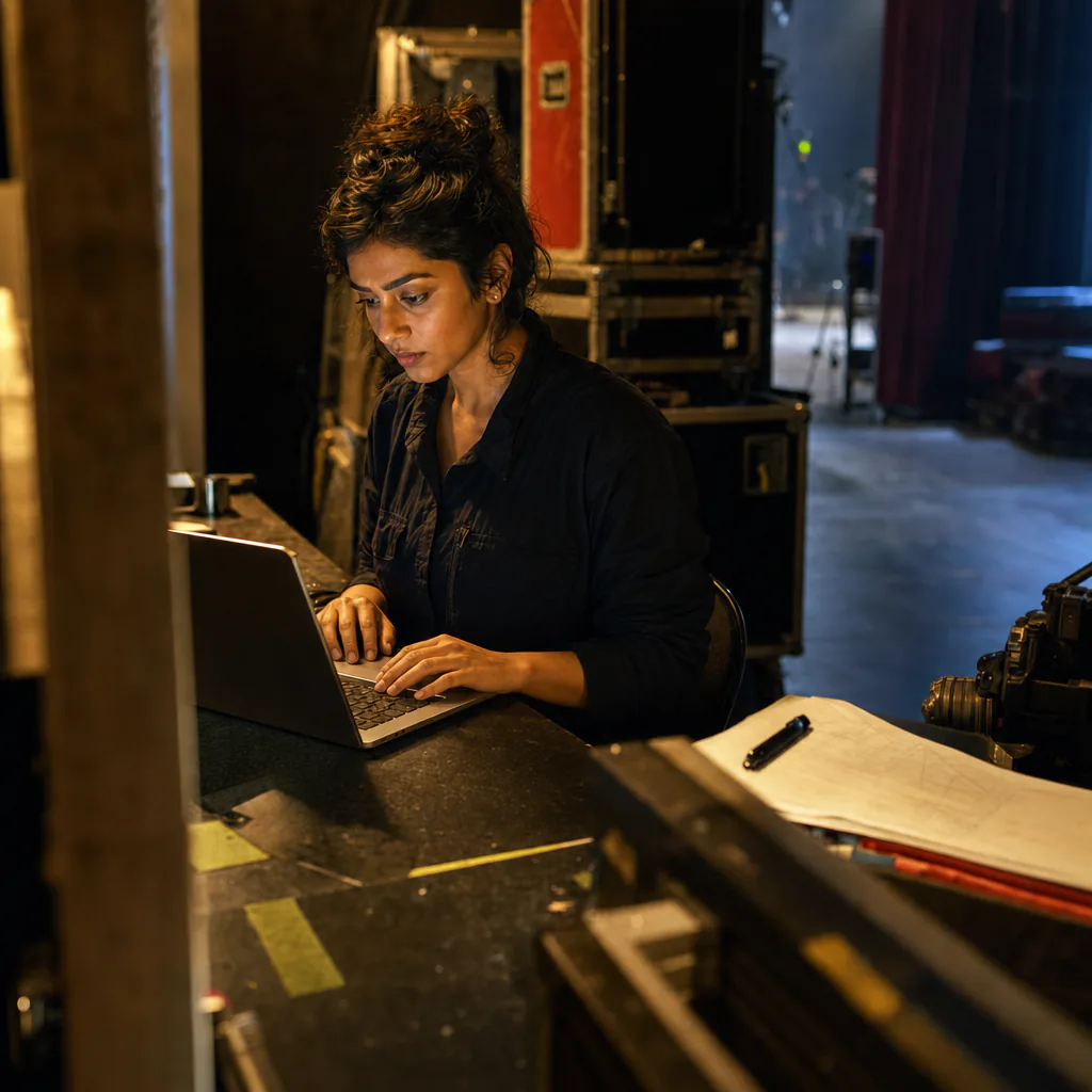 Woman typing on a laptop backstage beside camera equipment